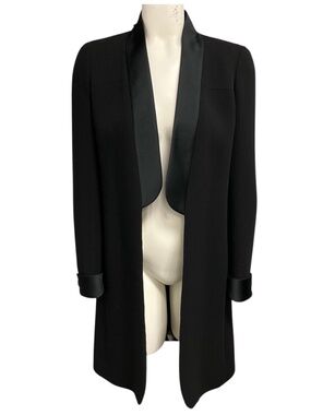 CHANEL BLACK SILK SATIN TRIMMED WOOL TUXEDO STYLE COAT WITH CC LOGO GLOBE BUTTON